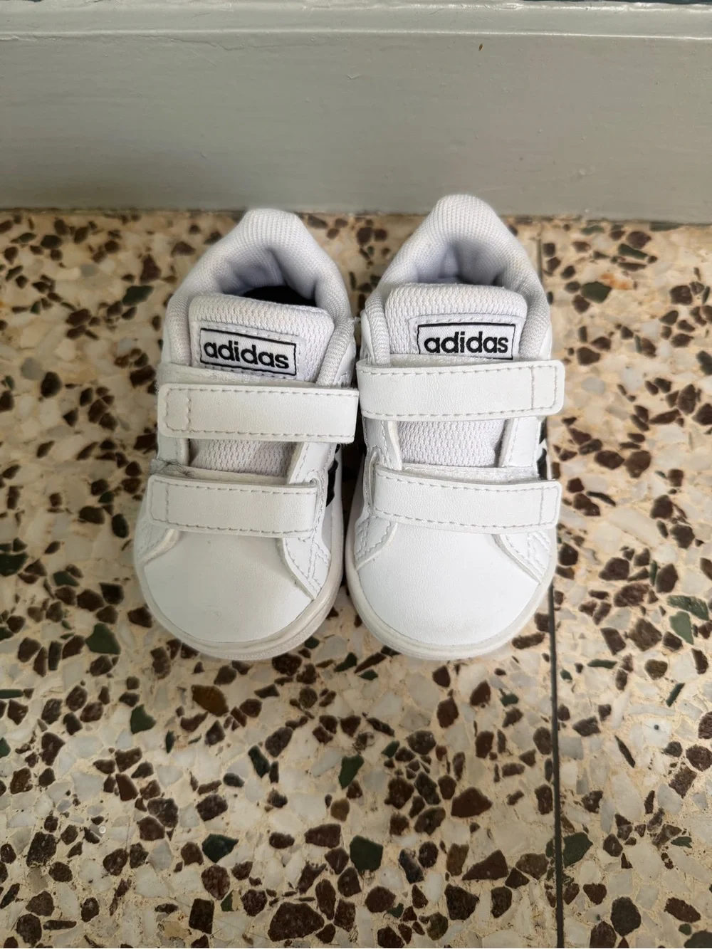 adidas White Kids Sneakers with Black Stripes and Velcro